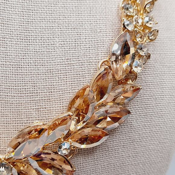 Gold Tone Crystal Rhinestone Statement Necklace, 19", Faceted Marquise Stones - Picture 6 of 10